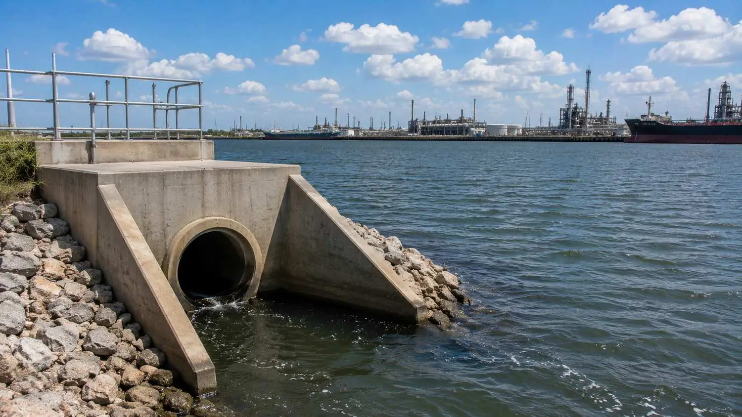Industrial wastewater outfall structure on Houston Ship Channel receiving water, representing MES TPDES permit evaluation.