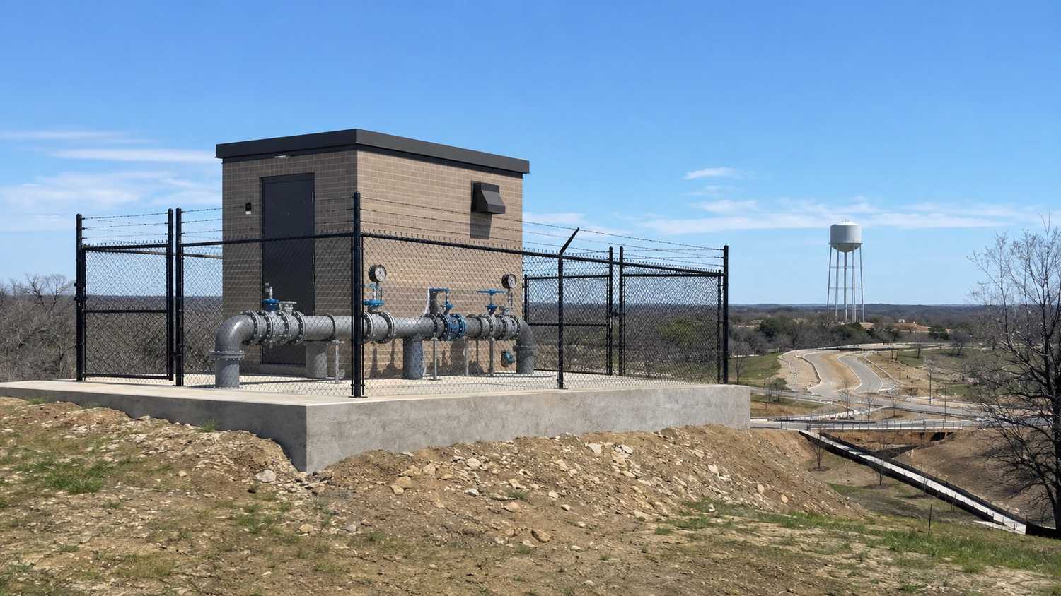 Water booster pump station serving higher elevation area of McKinney development, representing MES pressure zone design services.