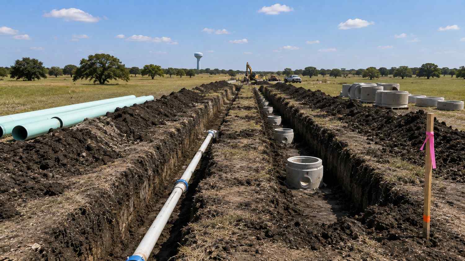 Offsite water and sewer extension installation for McKinney Collin County development plat, representing MES extension feasibility services.