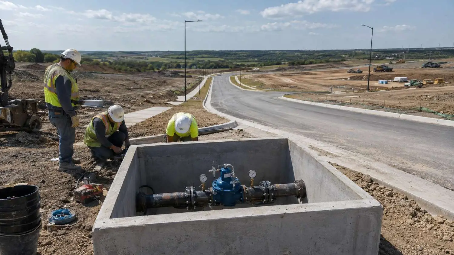 Pressure reducing valve vault installation at McKinney development lower elevation area, representing MES PRV design services.