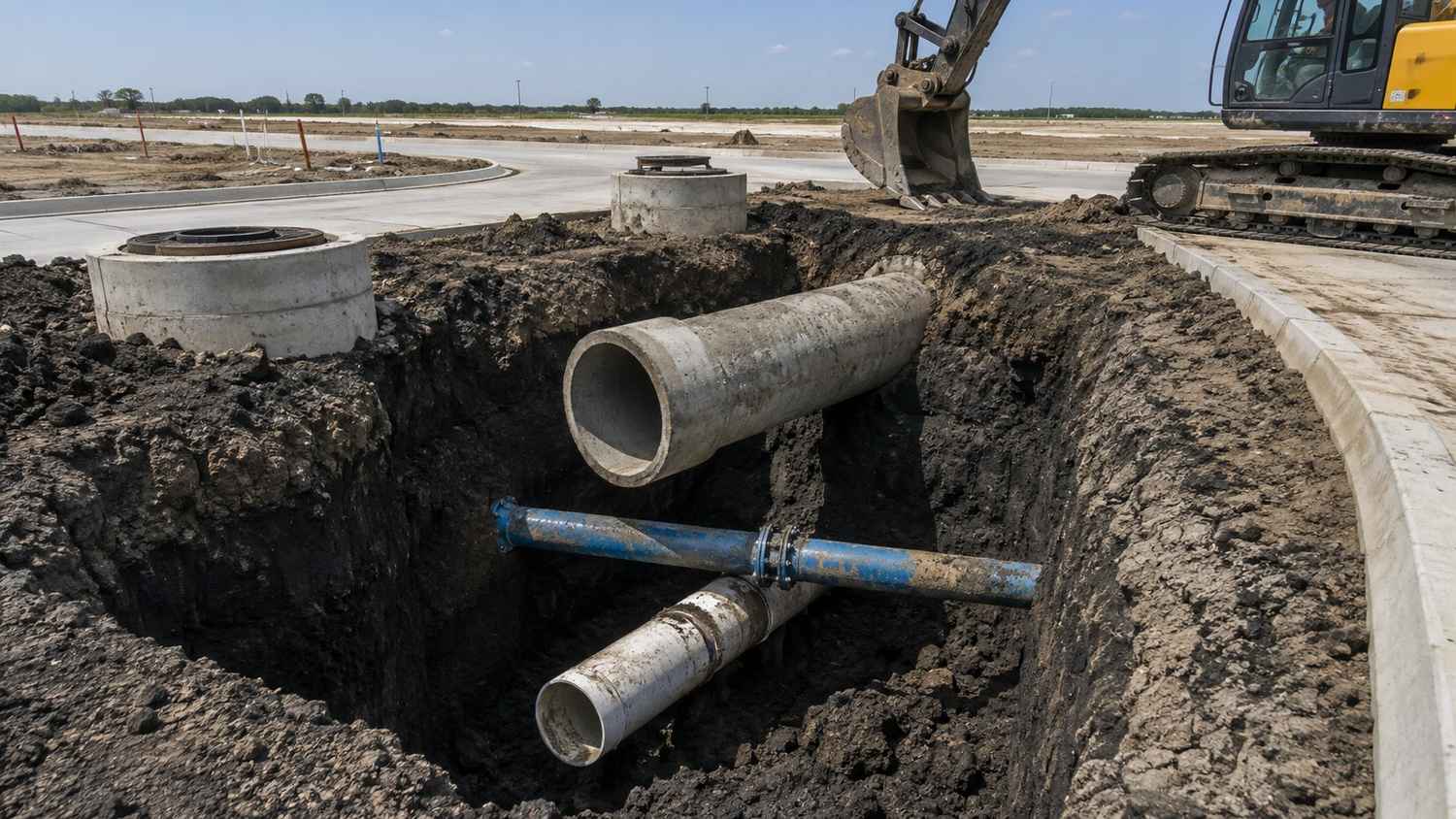 Storm drain and utility crossing installation in McKinney subdivision street, representing MES crossing conflict analysis services.