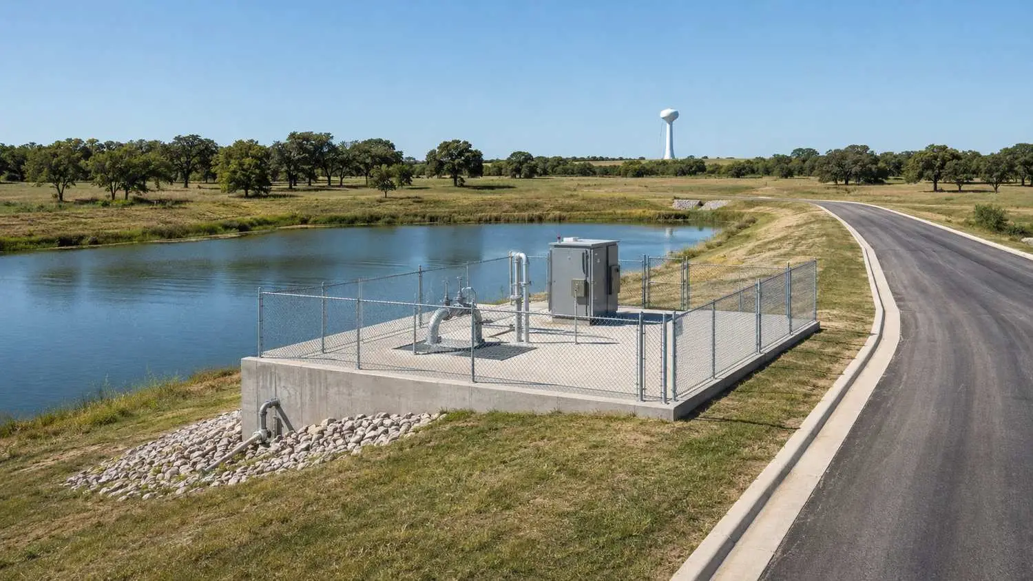 Lift station access road adjacent to detention pond in McKinney subdivision, representing MES utility siting coordination services.