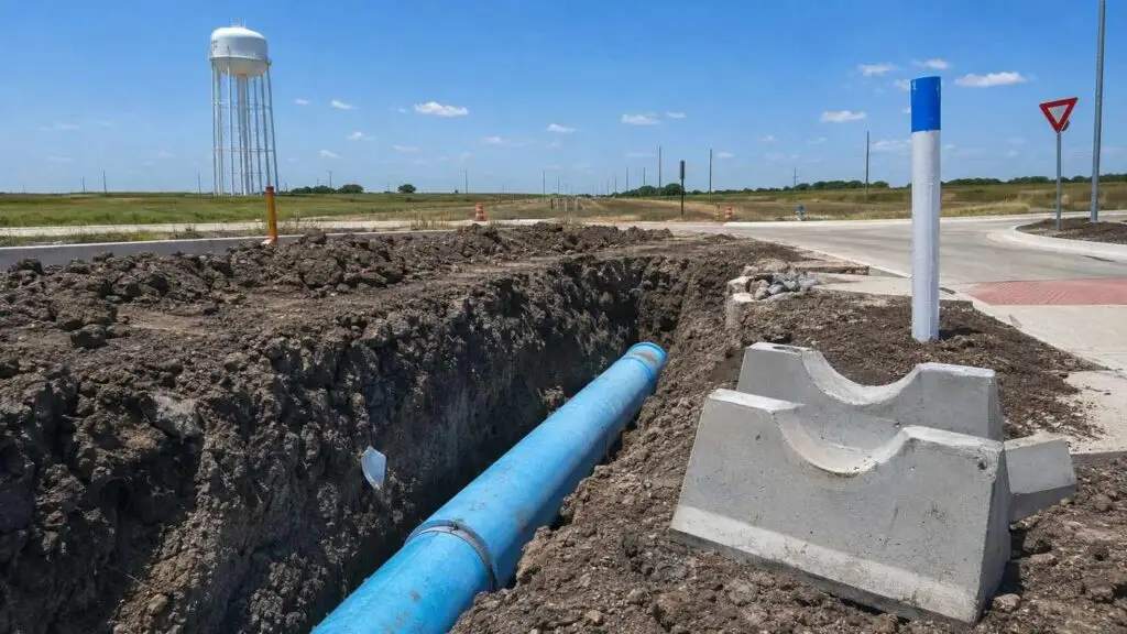 Water main installation in McKinney Collin County development site, representing MES pressure zone capacity evaluation.