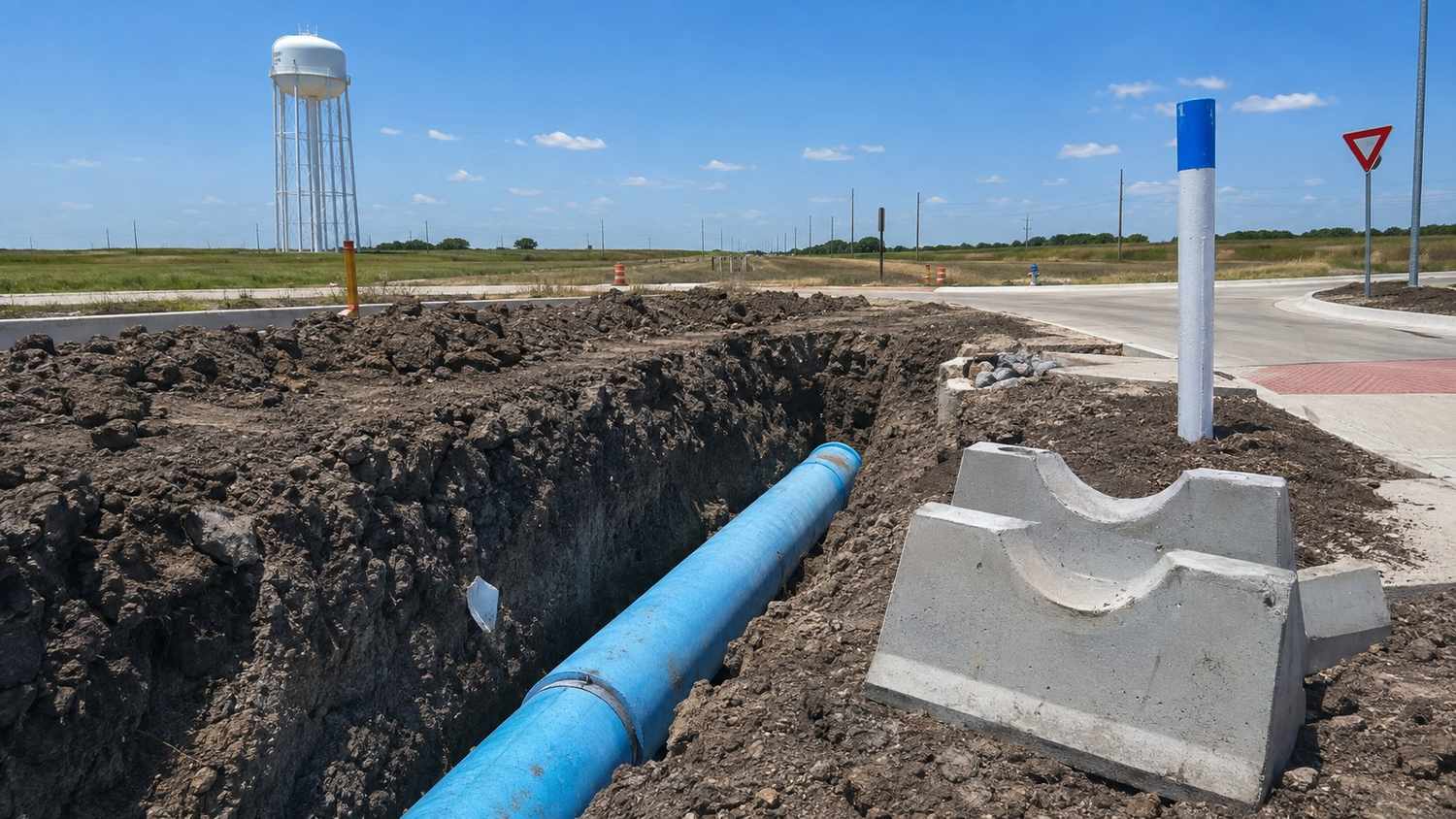 Water main installation in McKinney Collin County development site, representing MES pressure zone capacity evaluation.