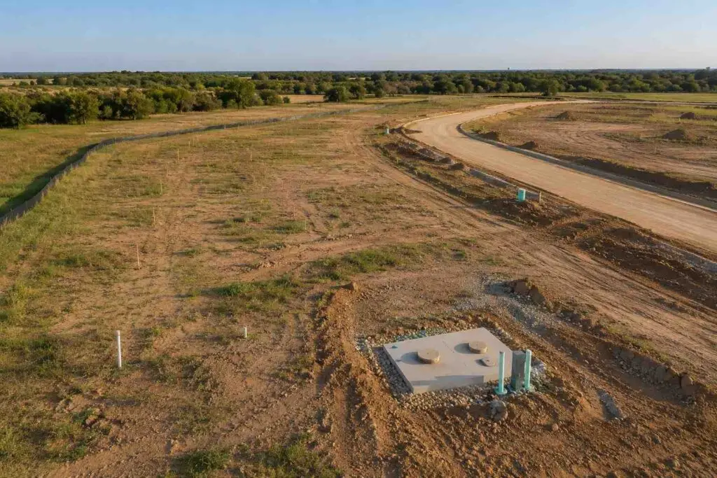 Empty Texas subdivision street with infrastructure installed but no homes started, representing MES permit timeline planning.